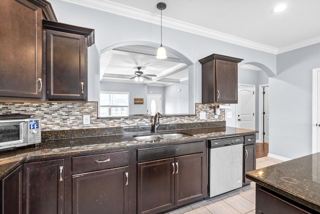 kitchen with ceiling fan, dishwasher, sink, crown molding, and pendant lighting