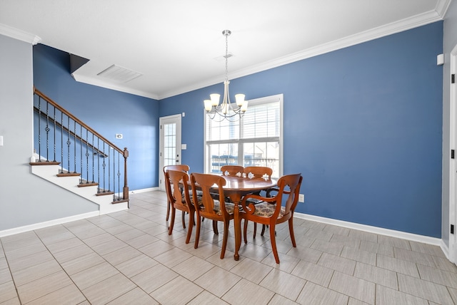 dining space with a chandelier and ornamental molding