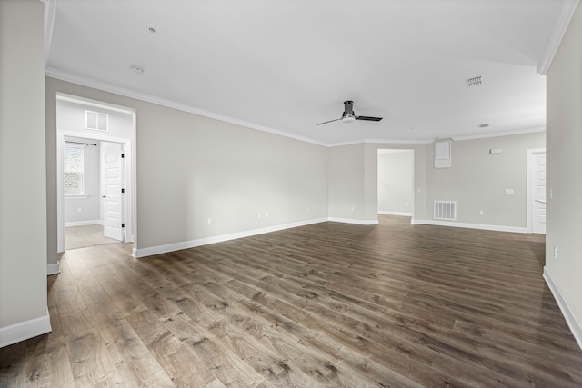 unfurnished living room with ornamental molding, dark hardwood / wood-style flooring, and ceiling fan