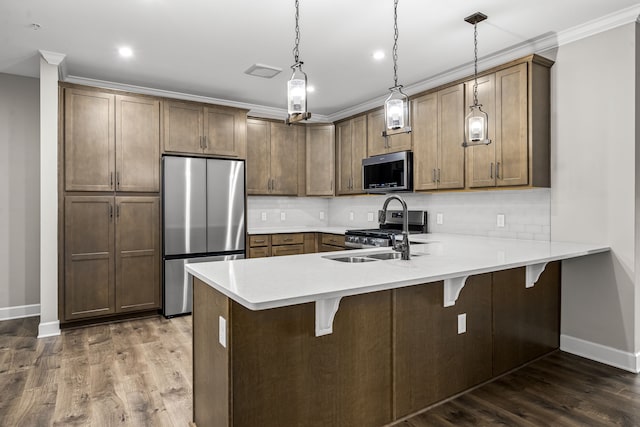 kitchen featuring kitchen peninsula, sink, dark hardwood / wood-style floors, pendant lighting, and appliances with stainless steel finishes