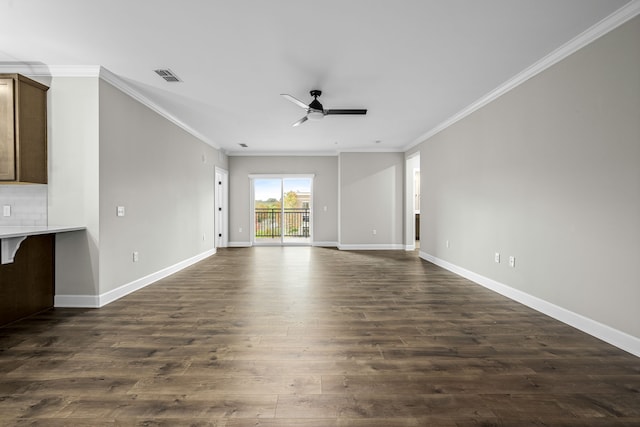 unfurnished living room featuring ornamental molding, dark hardwood / wood-style floors, and ceiling fan