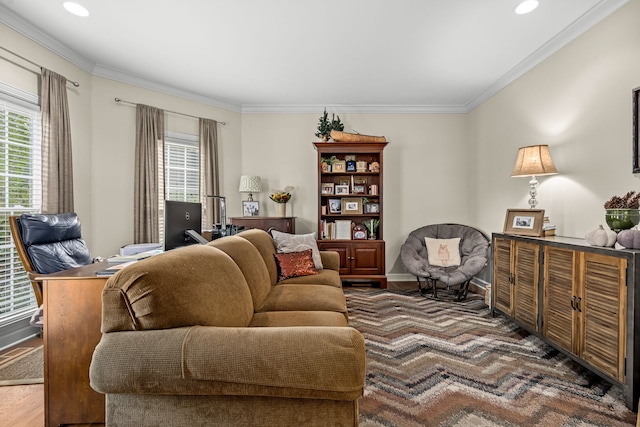 living room featuring dark wood-type flooring and crown molding