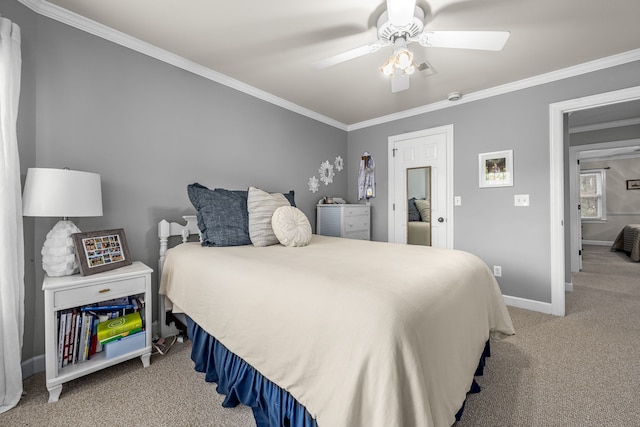 carpeted bedroom featuring ornamental molding and ceiling fan