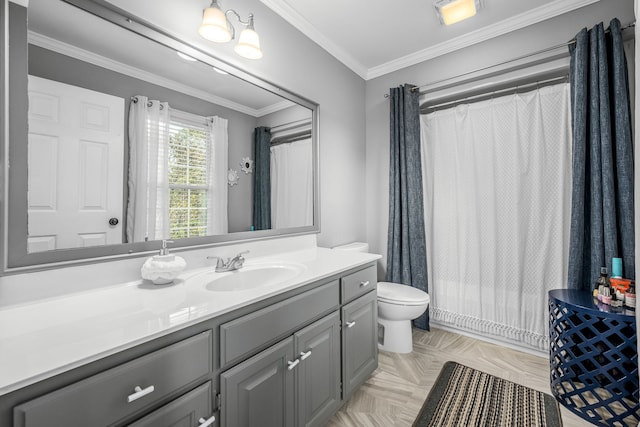 bathroom with toilet, parquet floors, vanity, and ornamental molding