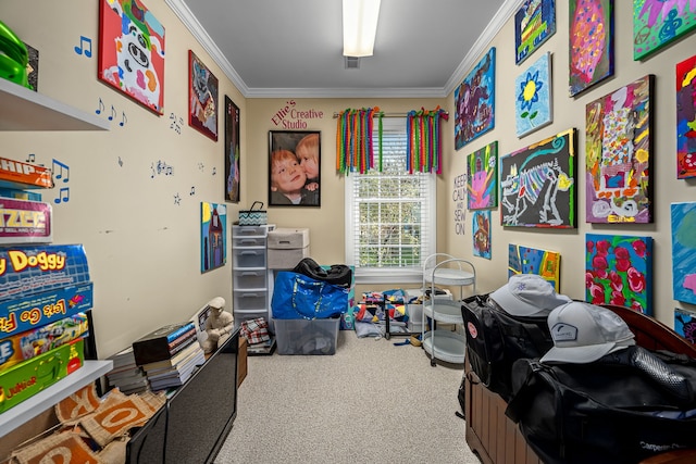 recreation room featuring carpet floors and ornamental molding