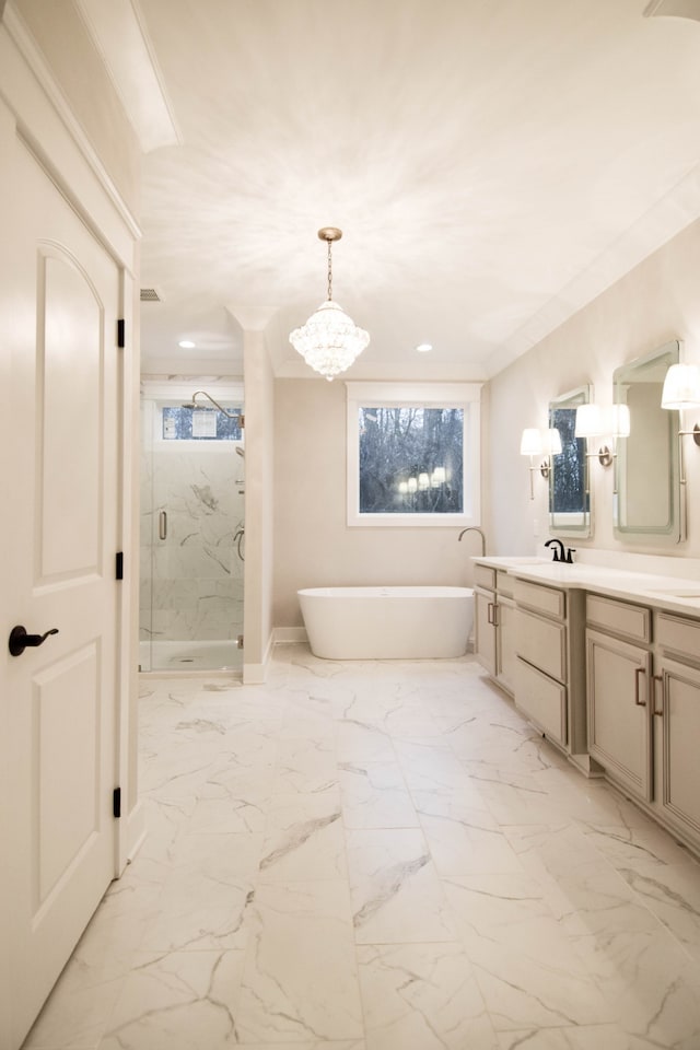 full bathroom featuring visible vents, vanity, marble finish floor, a soaking tub, and a marble finish shower