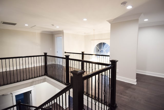 hall featuring recessed lighting, visible vents, attic access, an upstairs landing, and baseboards