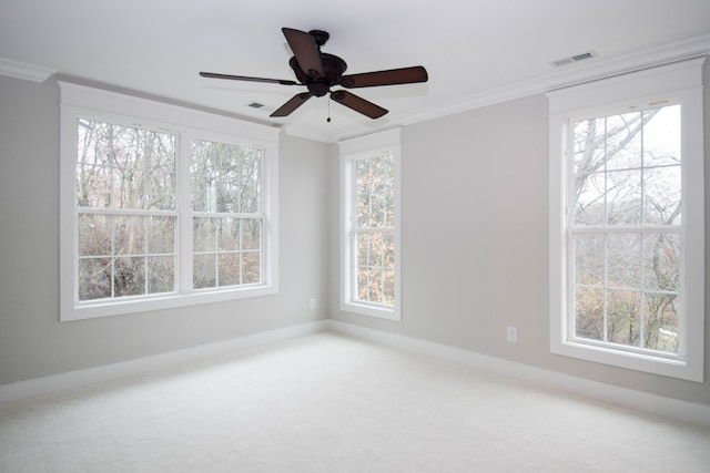 carpeted spare room with plenty of natural light, visible vents, and crown molding