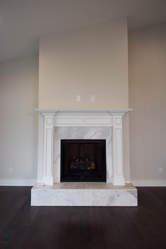 interior details with a premium fireplace, baseboards, and wood finished floors