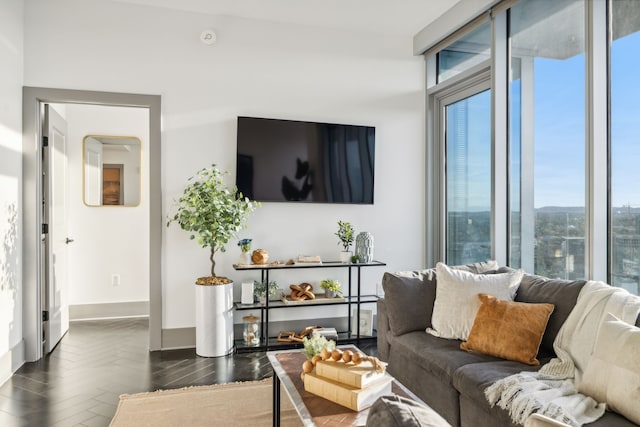 living room with dark hardwood / wood-style floors, a healthy amount of sunlight, and floor to ceiling windows