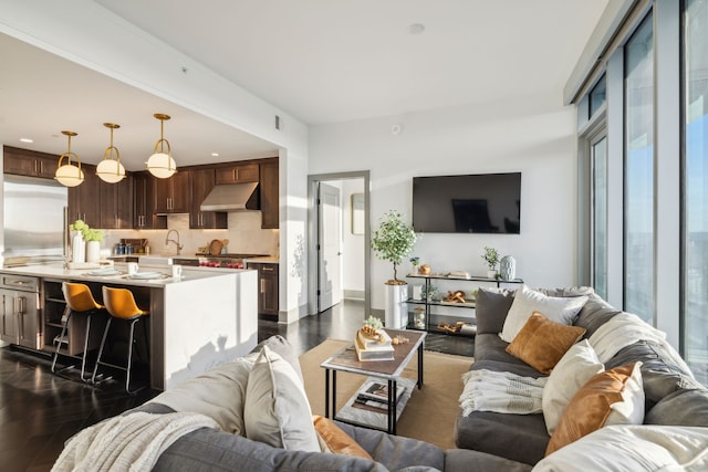 living room featuring dark hardwood / wood-style flooring and sink