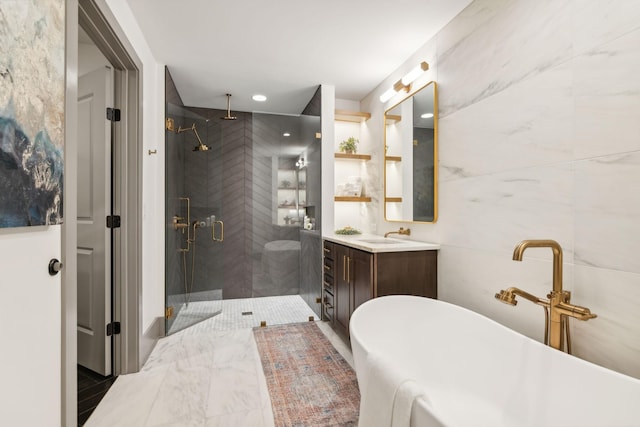 1616 W End Ave Unit 2911, Nashville, TN 37203 - full bathroom featuring a stall shower, vanity, a soaking tub, and recessed lighting