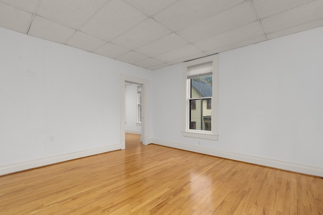 spare room with light hardwood / wood-style floors and a paneled ceiling