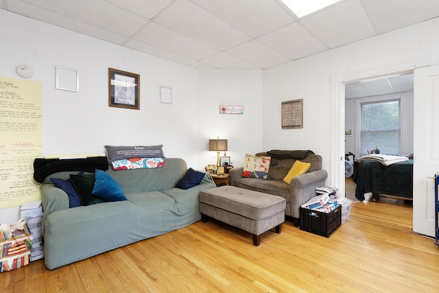 living room featuring a drop ceiling and wood-type flooring