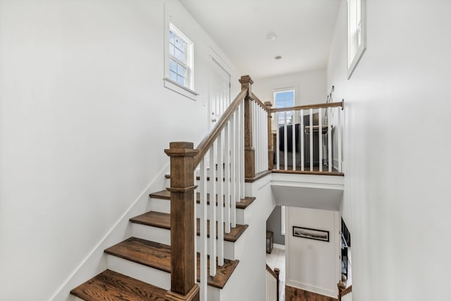 stairs with hardwood / wood-style flooring