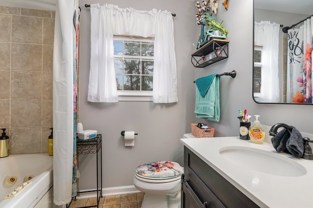 full bathroom featuring shower / bath combo, tile patterned flooring, vanity, and toilet