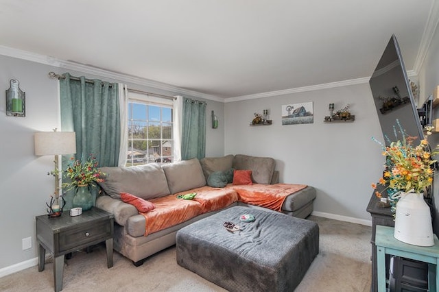 carpeted living room featuring ornamental molding