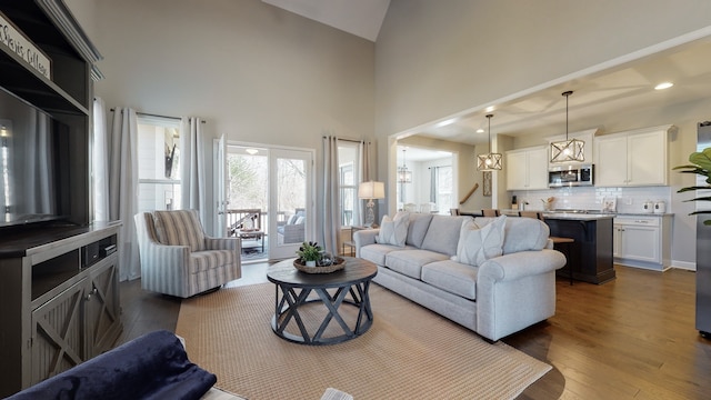 living room with high vaulted ceiling and dark hardwood / wood-style flooring