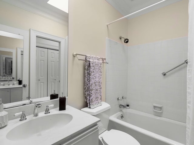 full bathroom featuring toilet, shower / tub combo, vanity, and ornamental molding