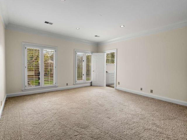 unfurnished room with carpet and ornamental molding