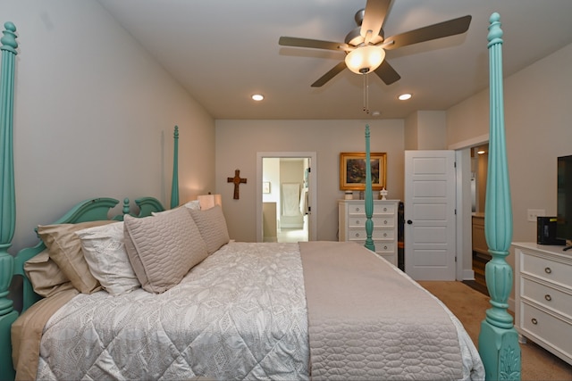 carpeted bedroom with ceiling fan