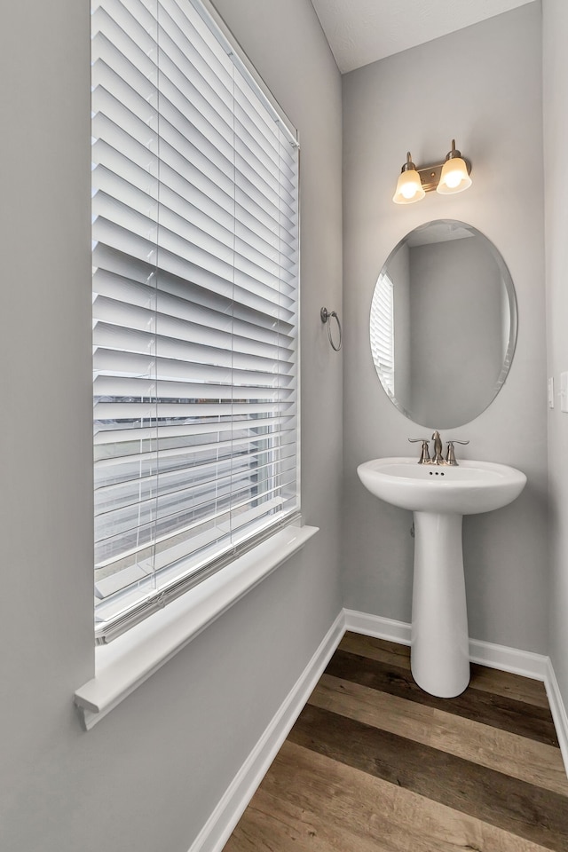 bathroom with hardwood / wood-style flooring