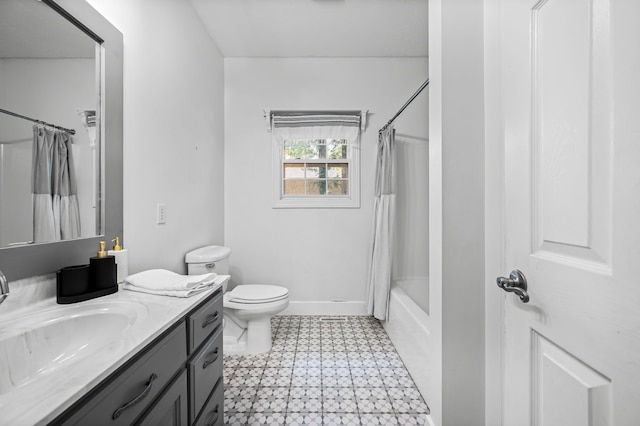 full bathroom featuring toilet, vanity, and shower / bath combination with curtain