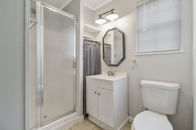 bathroom with tile patterned floors, toilet, ornamental molding, an enclosed shower, and vanity