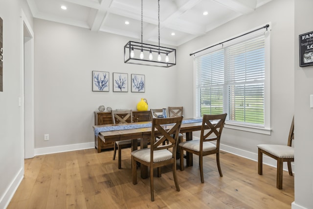 dining space featuring light hardwood / wood-style flooring, beamed ceiling, and coffered ceiling