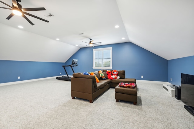 living room featuring ceiling fan, light colored carpet, and lofted ceiling