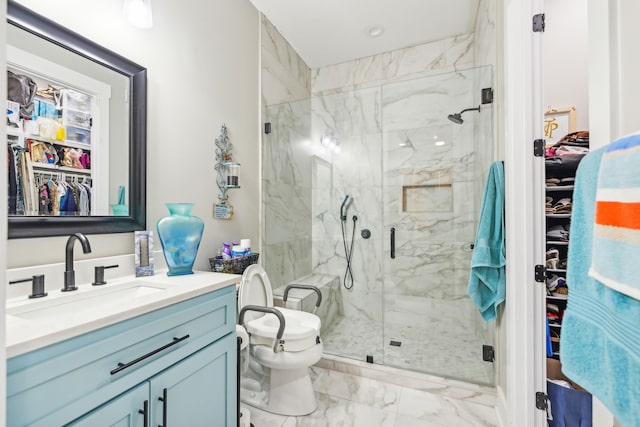 bathroom featuring toilet, vanity, and an enclosed shower