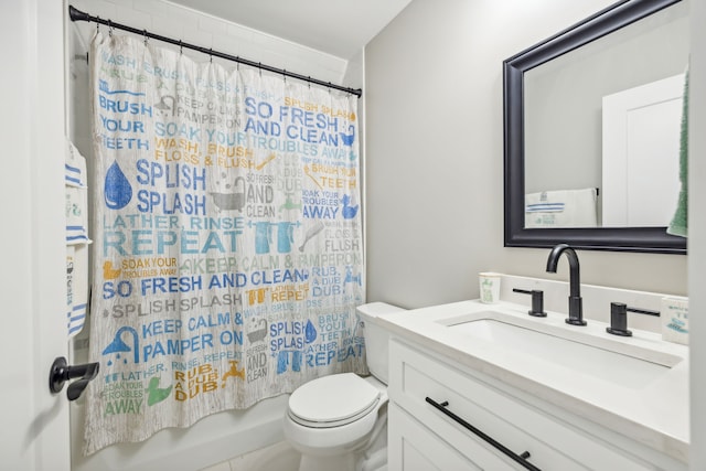 full bathroom with toilet, vanity, tile patterned floors, and shower / bathtub combination with curtain