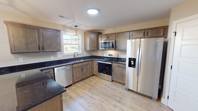 kitchen featuring stainless steel appliances, sink, dark stone counters, decorative light fixtures, and light wood-type flooring