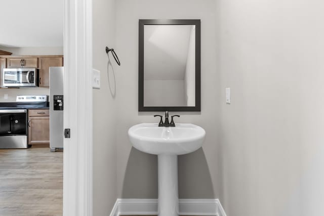 bathroom with hardwood / wood-style flooring