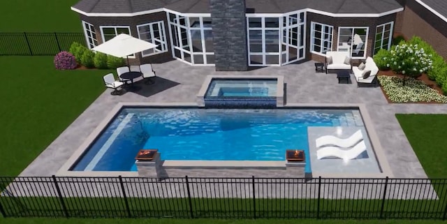 view of pool featuring an outdoor hangout area, an in ground hot tub, a yard, and a patio