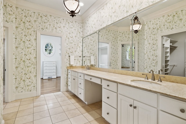 bathroom with vanity, tile patterned floors, and ornamental molding