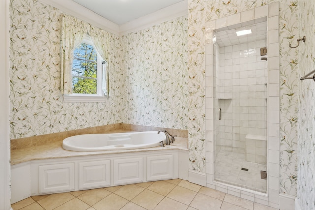 bathroom with plus walk in shower, ornamental molding, and tile patterned flooring