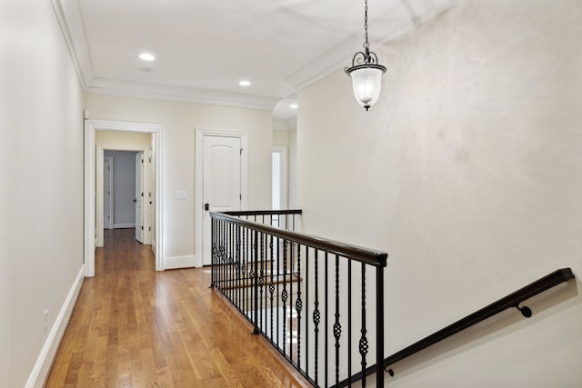 corridor featuring wood-type flooring and crown molding