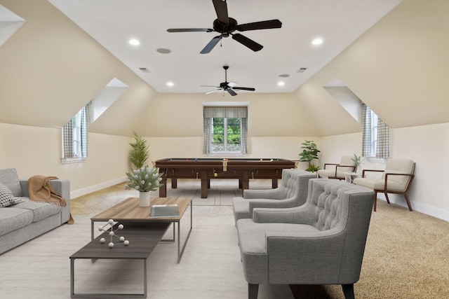 rec room with light colored carpet, billiards, and lofted ceiling