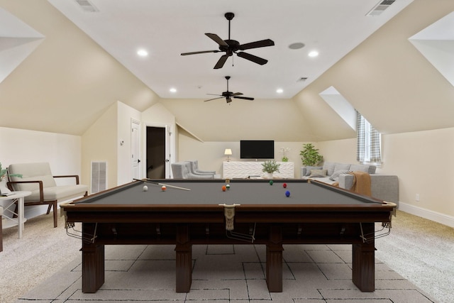 recreation room featuring light carpet, ceiling fan, lofted ceiling, and pool table