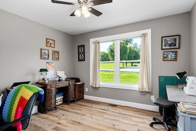 office area with ceiling fan and light hardwood / wood-style flooring