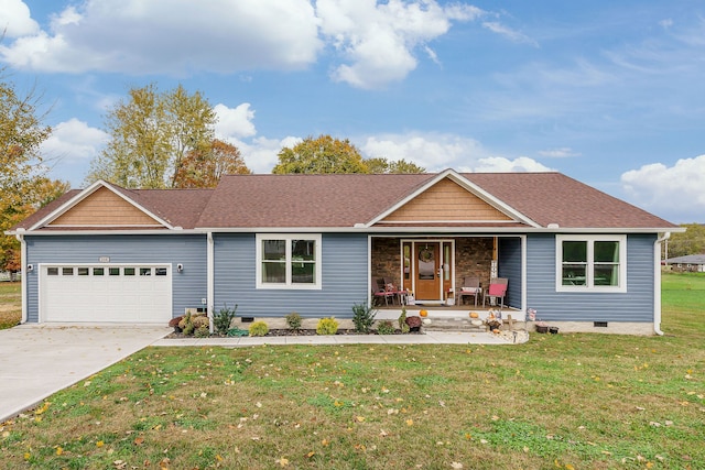 ranch-style house with a garage, a front yard, and a porch