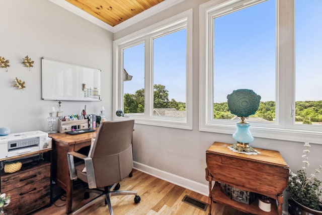 office space with light hardwood / wood-style flooring, crown molding, wooden ceiling, and plenty of natural light