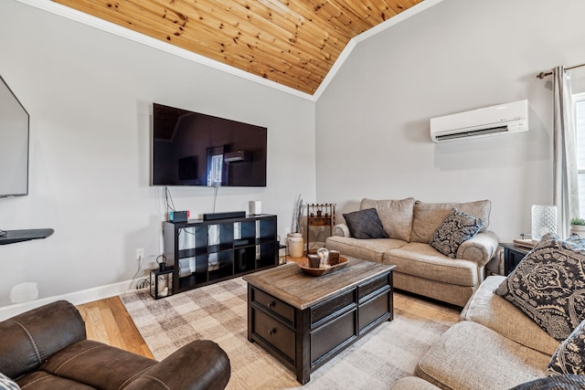 living room with a wall unit AC, light hardwood / wood-style floors, vaulted ceiling, wooden ceiling, and crown molding