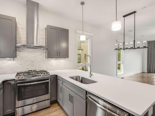 kitchen featuring stainless steel appliances, a sink, wall chimney exhaust hood, decorative backsplash, and gray cabinets
