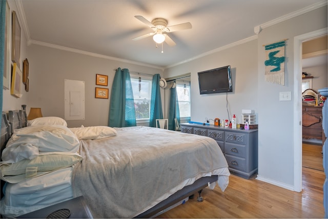 bedroom featuring ceiling fan, electric panel, light hardwood / wood-style floors, and crown molding