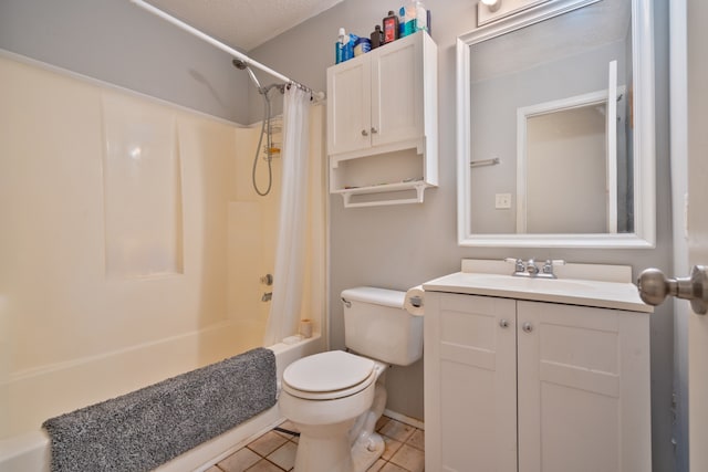 full bathroom with tile patterned floors, vanity, a textured ceiling, shower / bath combo, and toilet