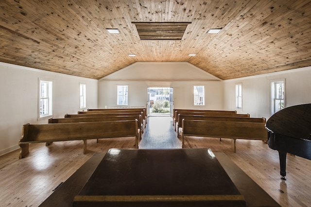 misc room with ornamental molding, hardwood / wood-style floors, wood ceiling, and vaulted ceiling