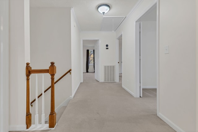 corridor featuring light carpet, a textured ceiling, and ornamental molding