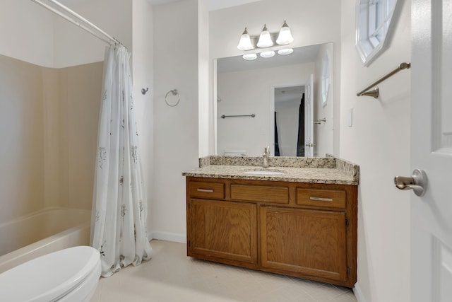 full bathroom featuring vanity, shower / tub combo, and toilet